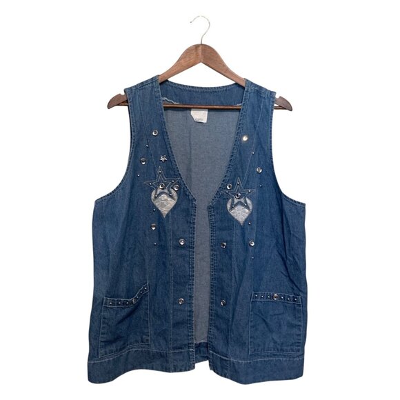 VTG Frans Dallas Cowboys Denim Open Vest Star Heart Embellishments XL Retro 80s - Picture 12 of 12